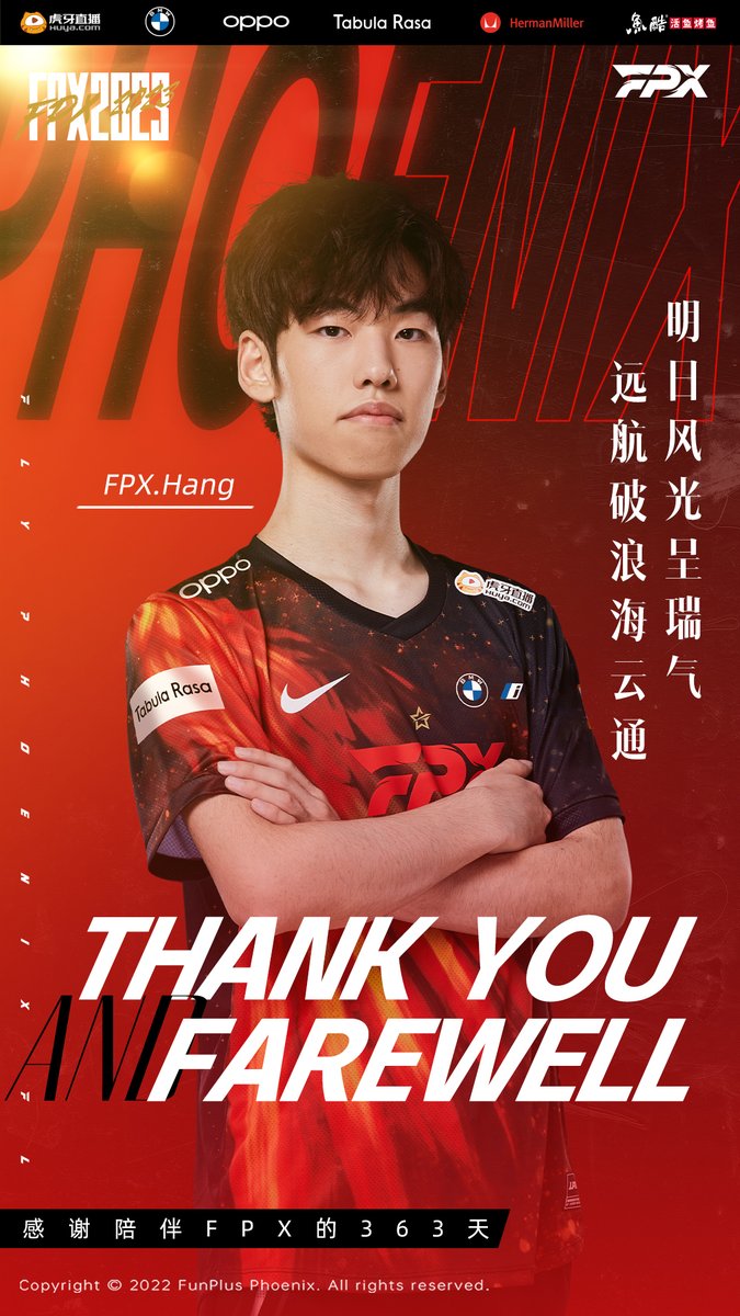FPX_Esports's tweet photo. [#FPXLOL Roster Update]
Today we say thank you and farewell to FPX.Hang

We're very grateful for your hard work and dedication to the team in the past year. 
Best of luck in your next move, and we're looking forward to seeing your growth with your new team. See you on the rift! https://t.co/y6pczLNAwc