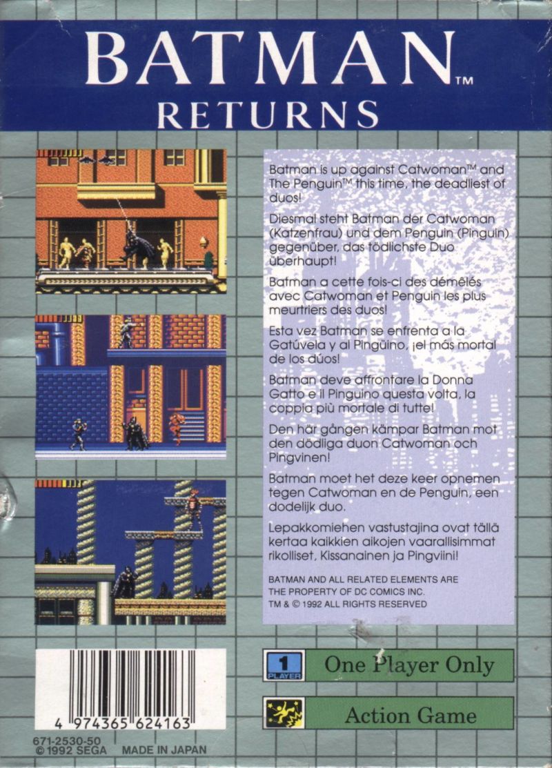 BATMAN RETURNS: In 1992 Batman set out to put a stop to The Penguin and his Red Triangle Gang thugs. A pretty decent action platform game for the Sega Game Gear from Aspect this was based on events from the awesome film #retrogaming #Sega #Batman #film #movie #comics #90s #gaming