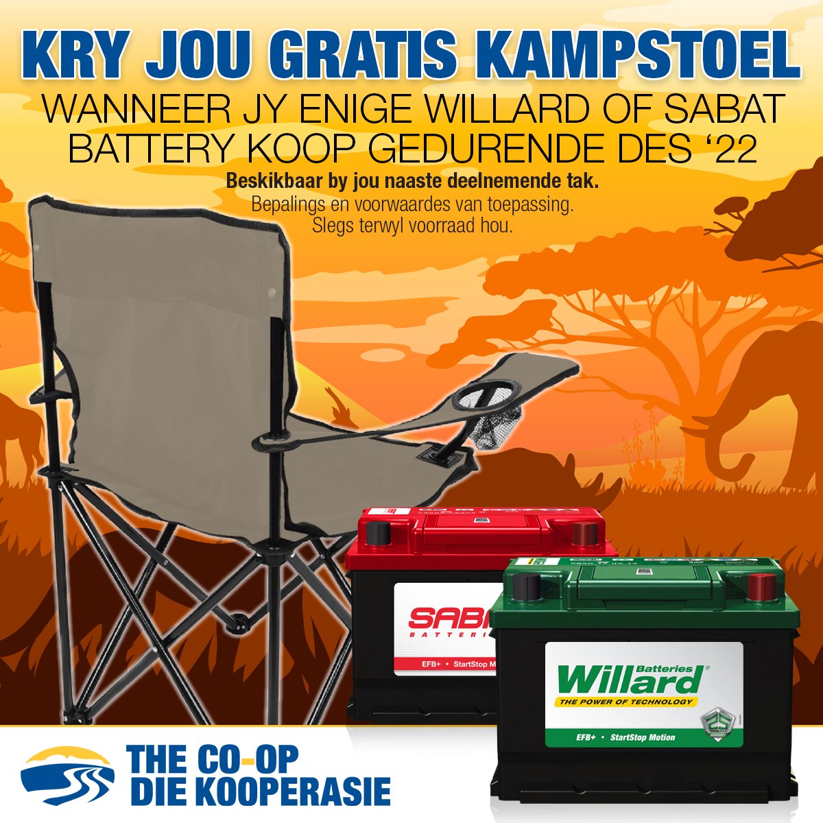 KRY IETS GRATIS!  WILLARD &amp; SABAT wil die lewe maklik maak vir jou dié Dessember!  Kry 'n gratis kampstoel wanneer jy enige Willard of Sabat battery koop in Desember 2022!
Willard Batteries Sabat Batteries #freestuff #getyourchair #festivemood