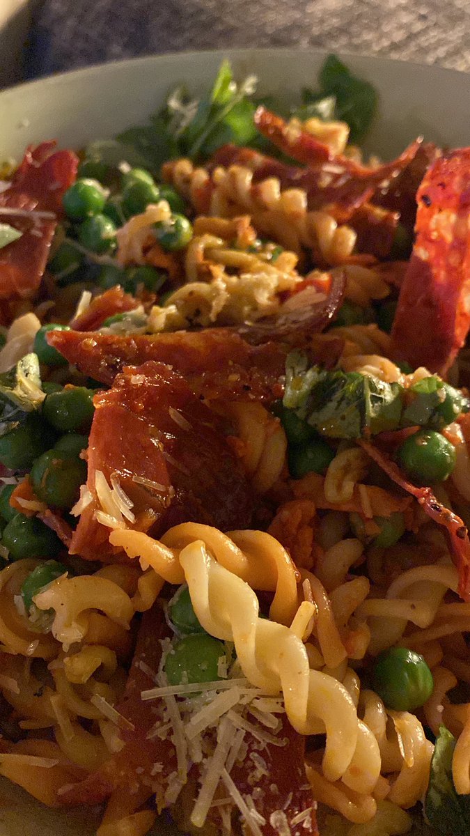 I swear this was accidental but tonight’s dinner is pasta with:
Prosciutto 
Pepperoni 
Petruzzelli 
Pesto
Peas
Parmesan.

Dare I add pepper??