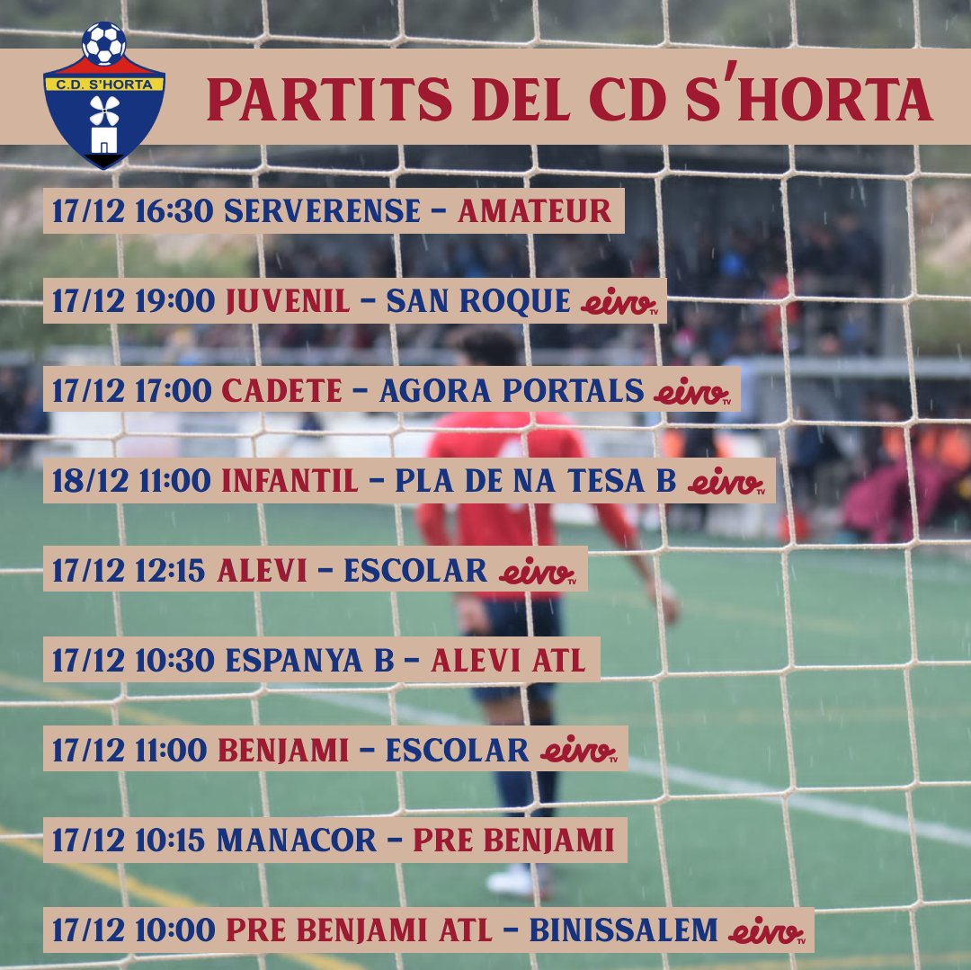 📢 𝐏𝐀𝐑𝐓𝐈𝐓𝐒 𝐃𝐄𝐋 𝐂𝐀𝐏 𝐃𝐄 𝐒𝐄𝐓𝐌𝐀𝐍𝐀

🏠 Fins a 6 dels nostres nou equips juguen a ca nostra aquesta setmana

🦁 Dissabte gran dia de futbol a Sa Lleona

📺 Els partits de casa son retransmesos per Eivo TV

#TotAlVermell♦