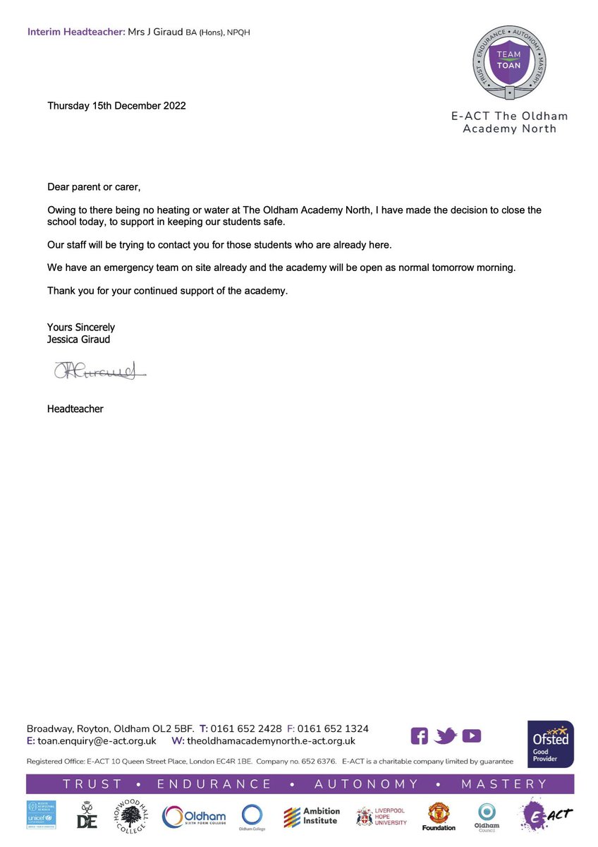 OldhamAcademy's tweet image. 🚨URGENT🚨
The Academy will be closed today. 
Our staff will be trying to contact you for those students who are already here and there is a small building where students can wait with heating and water until pick up has been arranged.
The academy will be open as normal tomorrow.