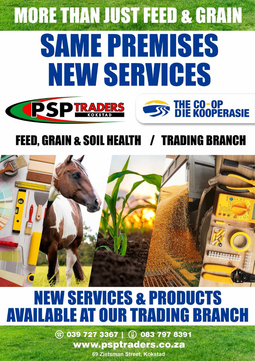KOKSTAD-You may know that PSP Traders specialises in Animal Feed &amp; Grain Storage.On the same premises, you will find a Trading Branch too that boasts a wide variety of soil nutrition, seeds, crop protection, tools &amp;much more.  Visit us for wide range of stock at very good prices!