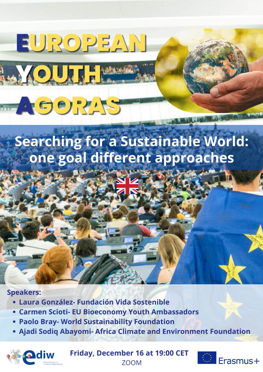 📢We are thrilled to invite to our next European Youth Agora 🇪🇺 'Searching for a Sustainable World: One Goal, Different Approaches'♻️

- Laura González, @fvidasostenible 
- @CScioti, @EUScienceInnov 
- @BrayPaolo, @wso_foe 
- @Ajadisodiq11, @ACEFngo 

⬇️[thread]⬇️