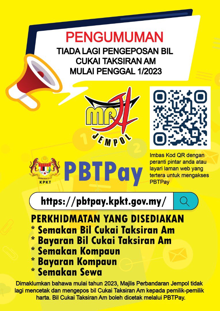 MPJempol's tweet photo. Kempen Bayar Dan Menang

Pelbagai hadiah menarik dan baucer menanti anda sempena kempen bayar Cukai Taksiran AM dan sifar tunggakan.
#mpjempol #JempolMajuIndahdanBeradat #cukaitaksiranam #bayardanmenang https://t.co/1FIdBY4gk6