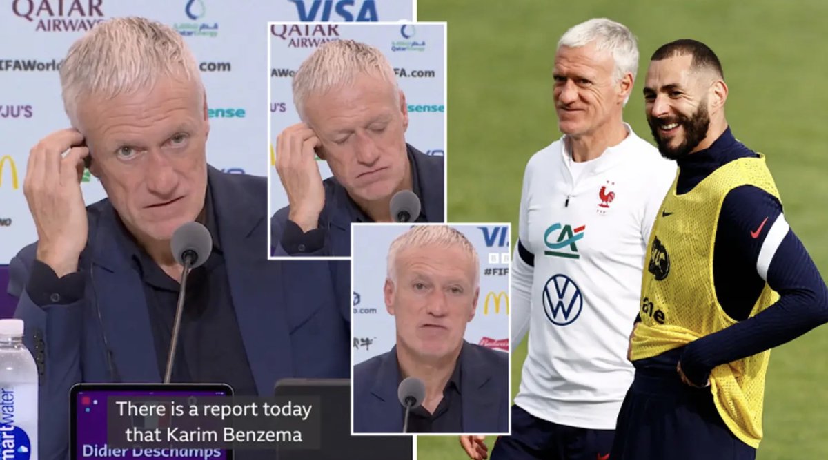 sportbible's tweet photo. Didier Deschamps' response when asked if Benzema is returning for World Cup final got fans talking. https://t.co/ZgSorwHt2K