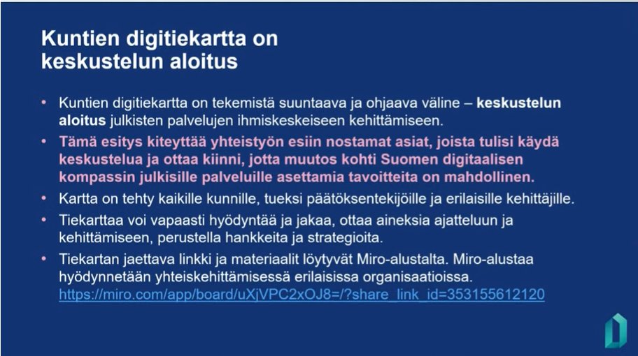 Kuntien Digitiekartta kiteyttää mistä tulisi käydä keskustelua ja ottaa kiinni, jotta muutos kohti Suomen digitaalisen kompassin julkisille palveluille asettamia tavoitteita on mahdollinen #digiohjelma #asiantuntijatuki miro.com/app/board/uXjV…