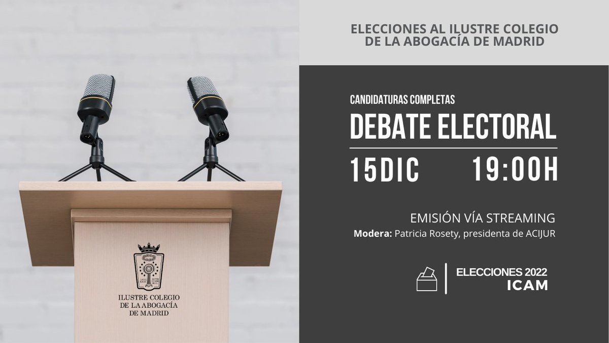 Esta tarde, a las 19.00h. tienes una cita con el #DebateEleccionesICAM de las candidaturas completas a las #EleccionesICAM
No te pierdas el directo ow.ly/Wnec50M369k