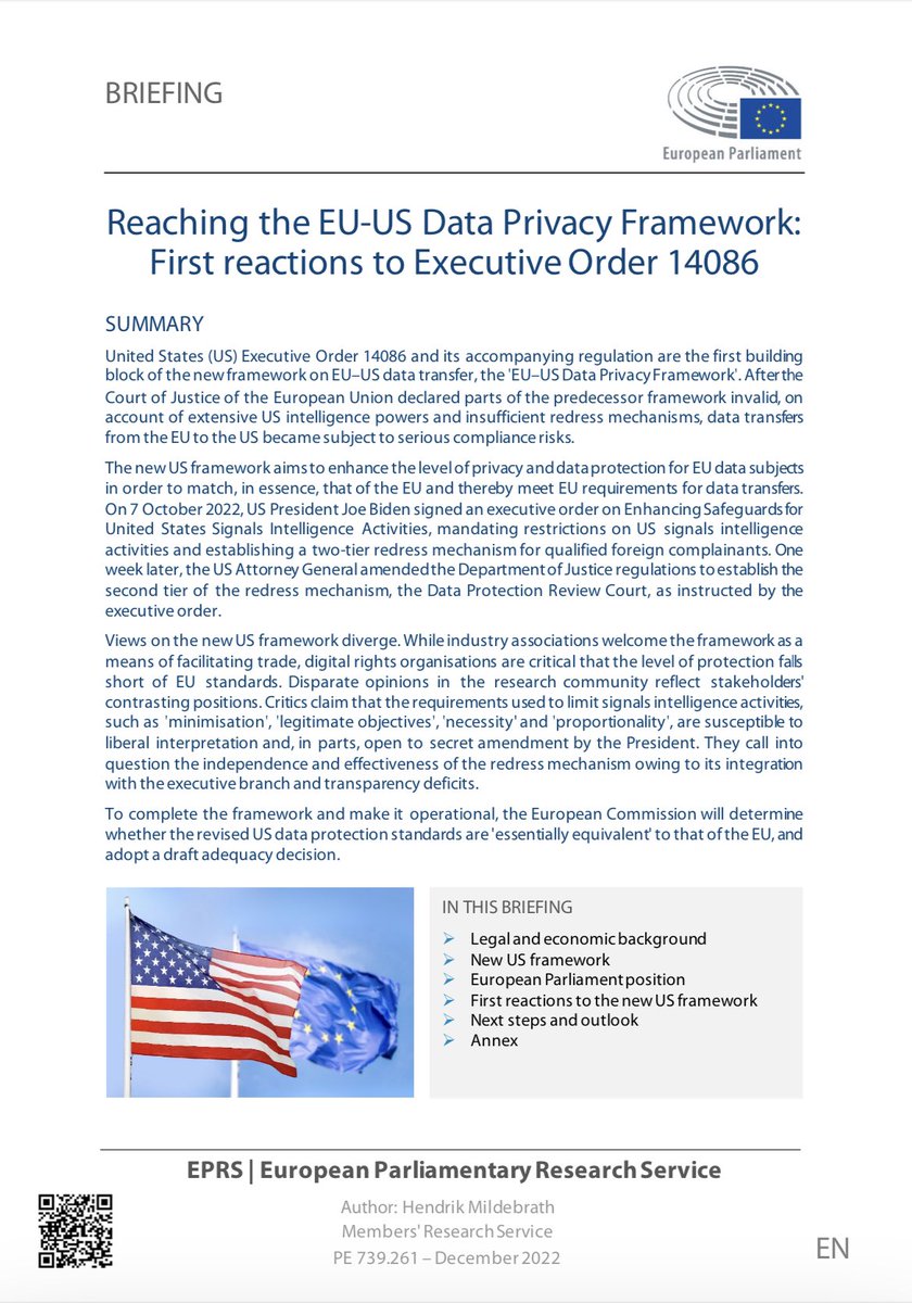 .@EP_ThinkTank has just published a very interesting paper with all the first reactions (stakeholders, supervisory authorities, researchers…) & other useful info on 🇺🇸🇪🇺Data Privacy Framework #TADPF - successor #PrivacyShield & response to #SchremsII
👉 europarl.europa.eu/RegData/etudes…