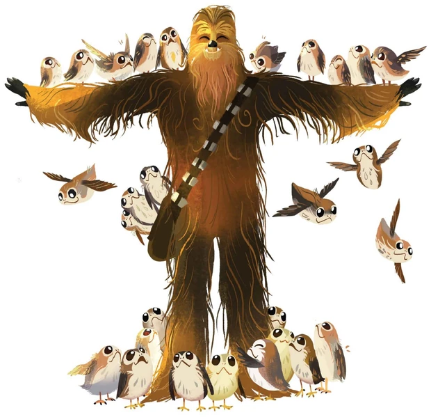 WookOfficial's tweet image. Chewbacca, surrounded by adoring porgs.