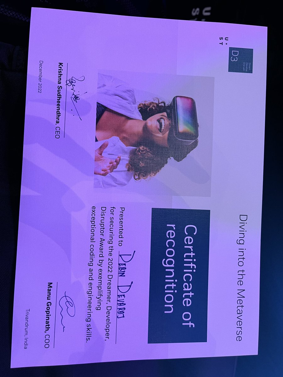 DebinDevaraj's tweet photo. D3 Developer award #ustd3 #lifeatUST @USTglobal https://t.co/l8XKzpQD8o