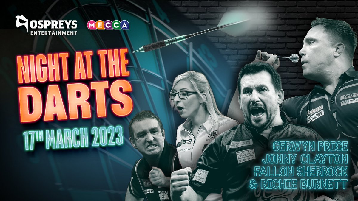 🎯 '𝗡𝗶𝗴𝗵𝘁 𝗮𝘁 𝘁𝗵𝗲 𝗗𝗮𝗿𝘁𝘀' 𝗼𝗻 𝘀𝗮𝗹𝗲 𝗻𝗼𝘄!
📍 Mecca Bingo Swansea
📅 17 March 2023
⭐ Featuring <a href="/Fsherrock/">Fallon Sherrock MBE</a>, <a href="/Gezzyprice/">Gerwyn Price</a>, <a href="/JonnyClay9/">Jonny Clayton</a>, and Richie Burnett!
🎟️ Tickets here: bit.ly/3FTppXd
🚫 No U18s

<a href="/MeccaBingo/">Mecca</a>  | <a href="/ModusDarts180/">MODUS Sports</a> | #OurJourneyTogether