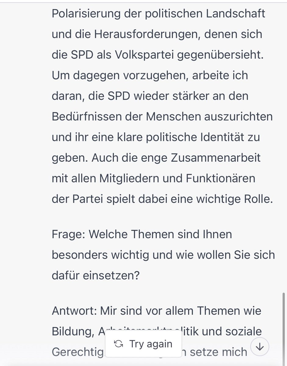 Sven Böll (@svenboell) on Twitter photo Heute gemeinsam mit <a href="/HollsteinM/">Miriam Hollstein</a> beim Interview mit Andrea Nahles.
Auf der Zugfahrt #chatgpt nach Input gefragt.
Auch wenn die KI sie noch nicht bei der <a href="/Bundesagentur/">Bundesagentur für Arbeit</a> verortet und die Fragen sehr brav sind, sind Antworten beeindruckend nah an typischem Politiker-Interview. Heute gemeinsam mit <a href="/HollsteinM/">Miriam Hollstein</a> beim Interview mit Andrea Nahles.
Auf der Zugfahrt #chatgpt nach Input gefragt.
Auch wenn die KI sie noch nicht bei der <a href="/Bundesagentur/">Bundesagentur für Arbeit</a> verortet und die Fragen sehr brav sind, sind Antworten beeindruckend nah an typischem Politiker-Interview.