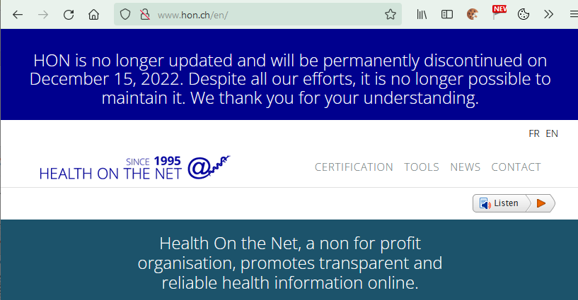 iqtgde's tweet photo. Ein Urgestein #Gesundheitsinformation-#Qualitätssiegel verabschiedet sich HEUTE für immer: @HealthOnTheNet (#HON).
Deutschsprachige Alternativen: Zertifizierung @afgis_de. Suchmaschine https://t.co/f1clPyTiP8. #Zertifikat https://t.co/TfjFmyS0kv
