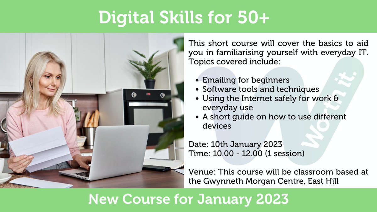 WBCLLearning's tweet image. This course covers familiarisation with everyday IT for the over 50s. Register now: forms.office.com/e/McqAfTi2FH 
Date: 10th January 2023. Time: 10.00 - 12.00 (1 session). Venue: Gwynneth Morgan Centre, SW18 2HJ #digitalskills #itforbeginners #over50s
#wandsworthlifelonglearning