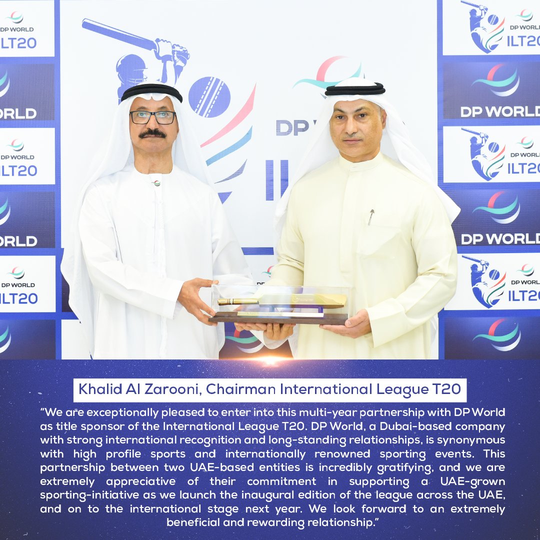 ILT20Official's tweet photo. Welcoming @DPWorldUAE as our Title Sponsor for 5 years! 

#DPWorldILT20 https://t.co/al6eVzzL3w