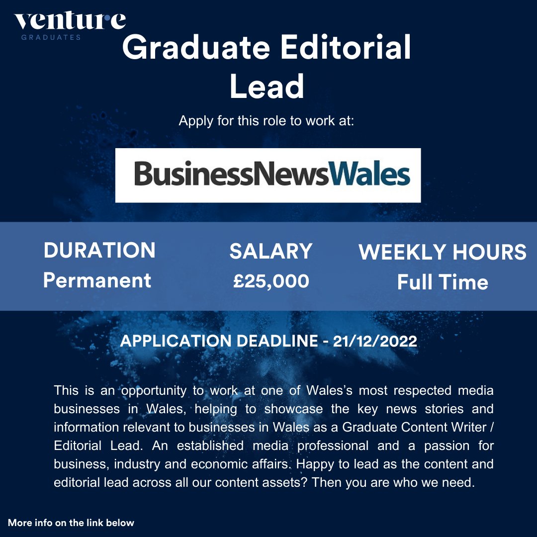 GraduateVenture's tweet photo. Do you want to work at one of Wales's most respected media businesses in #Wales? @WalesBusiness are looking for a Graduate Editorial Lead to join their highly experienced team. Apply here:
https://t.co/993dlGxTrh
#business #team #media #journalismgrad #businessgrad #graduate https://t.co/AzDZZyluWc