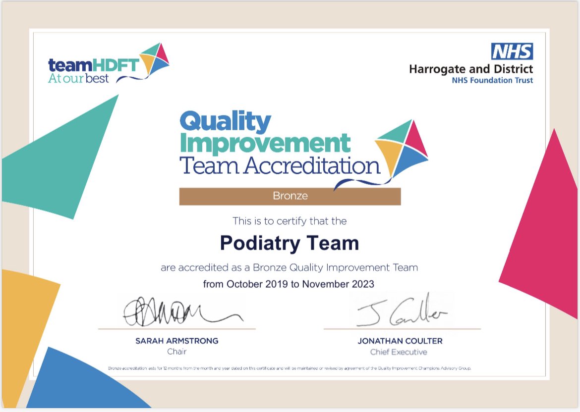 HdftPodiatry's tweet photo. Very proud to share that for the 4th year in a row we have maintained our Bronze Quality Improvement accreditation. Lots of innovative work going on across the service. Well done everyone 🤩 @slwisni @HDFT_Innovation @HarrogateNHSFT https://t.co/ftIAJg4RoS