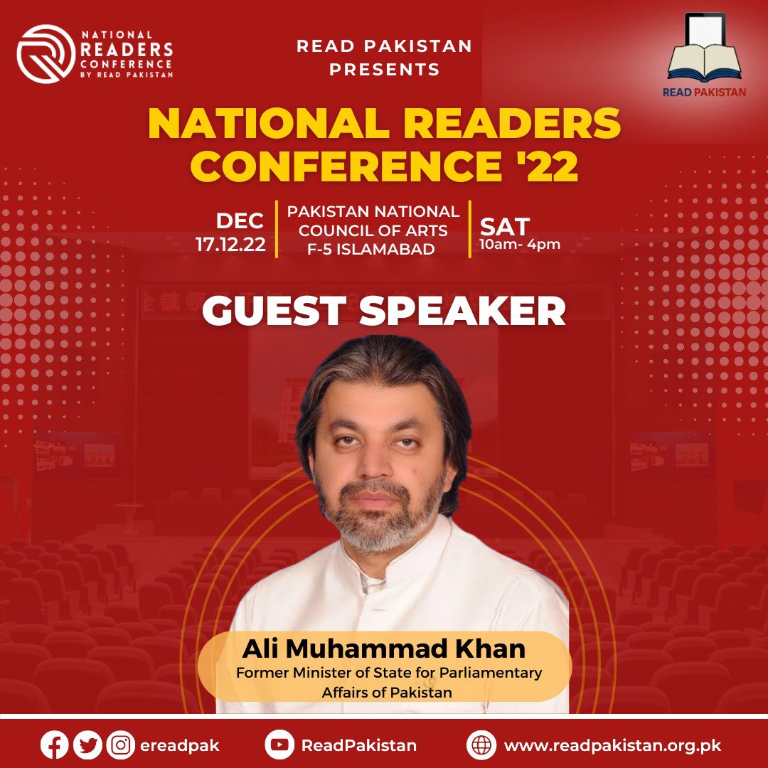 ereadpak's tweet photo. Read Pakistan is incredibly delighted and proud to notify the presence of Mr.Ali Muhammad Khan as a Guest Speaker in our annual event "National Readers Conference'22". He will shed light on the significance of books and book reading activities.
1/3 https://t.co/azkn23Q4Y8