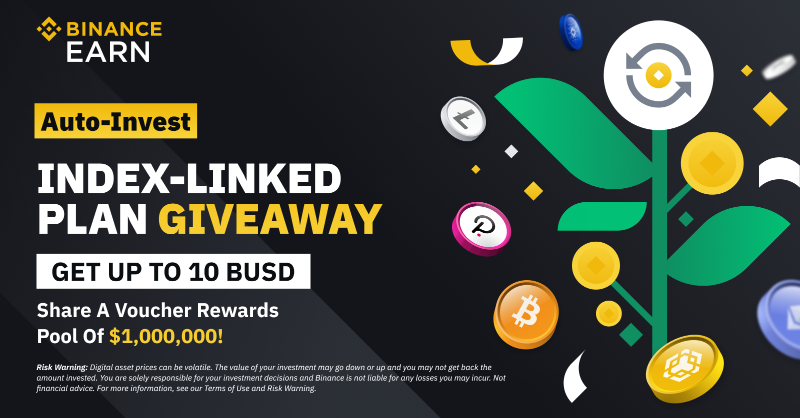 binance's tweet photo. Introducing the #Binance Auto-Invest Index-Linked giveaway!

Enjoy up 10 #BUSD in token vouchers as a first-time Auto-Invest user. 

Find out more 👇