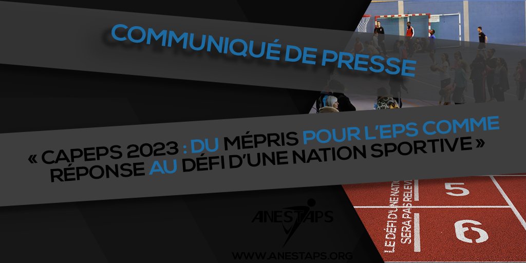 ANESTAPS's tweet image. [ #CAPEPS2023 🎓 ]
 
❌En baissant de 10 le nombre de postes au CAPEPS, 
@gouvernementFR marque un nouveau recul pour l'EPS, symbole de mépris pour une discipline pourtant essentielle.
 
🚨 Le défi d'une nation #sportive ne sera pas relevé sans l'EPS !
 
👉bit.ly/CAPEPS2023