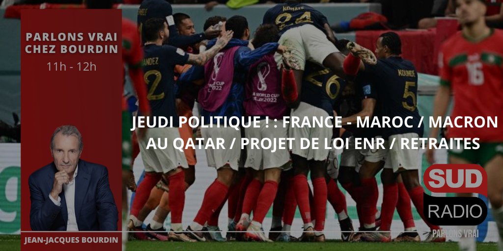 SudRadio's tweet photo. 🔴 Parlons Vrai chez @JJBourdin_off

📢 Jeudi Politique ! #FRAMARC / Déplacement de Macron / Qatargate / ENR / Report réforme retraites

🗣 Avec @damienmaudt, député LFI, @Al_Nikolic, président RN au conseil régional du Centre - Val de Loire et @Henri_Alfandari, député Horizons https://t.co/wcCBmV5KGq