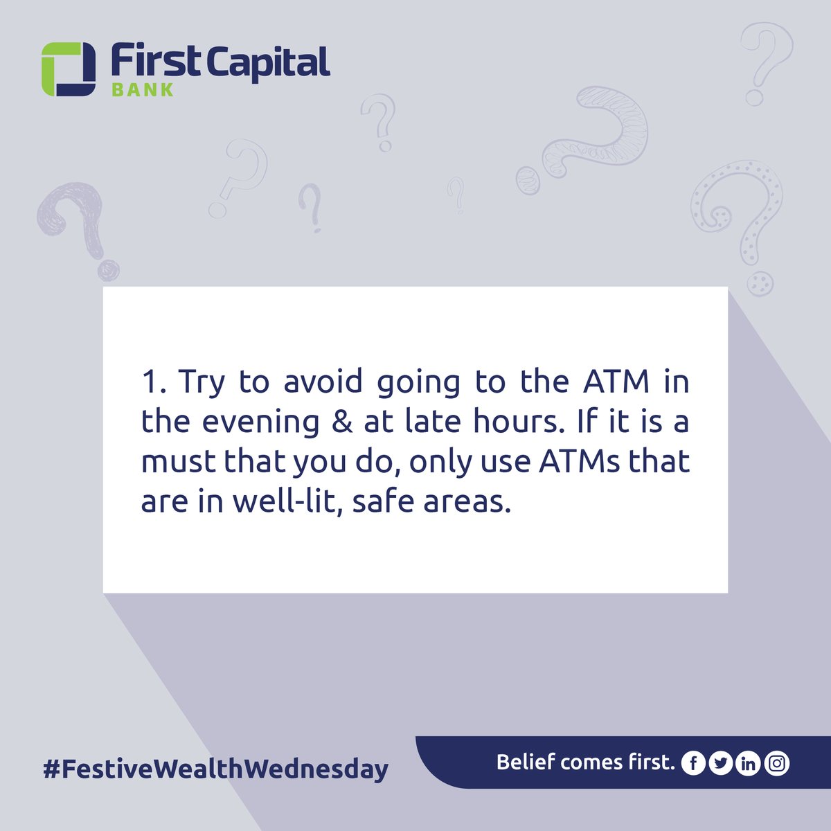 FirstCapital_Bw's tweet photo. New Years weekend is bound to be a time of great celebration &amp; it is important to be safe. Here are a few #ATMSafetyTips for when you're out painting the town red! Be safe &amp; we'll see you all in the new year!

#FestiveWealthWednesday #BeliefComesFirst #FirstCapitalBank https://t.co/cg6ZL0Ek4Q
