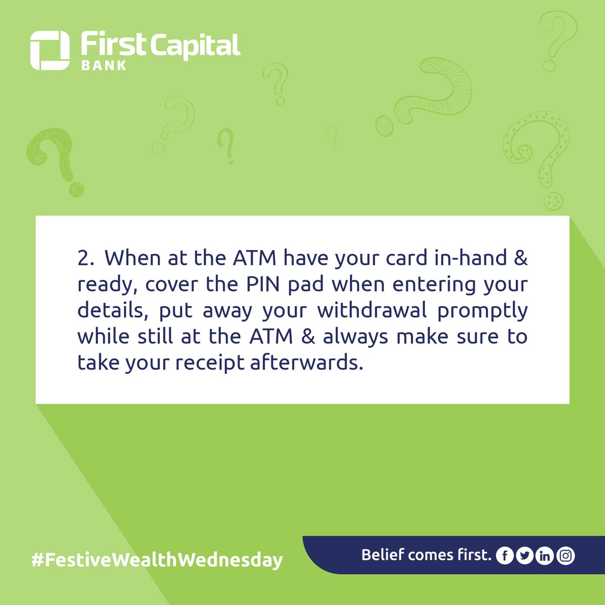 FirstCapital_Bw's tweet photo. New Years weekend is bound to be a time of great celebration &amp; it is important to be safe. Here are a few #ATMSafetyTips for when you're out painting the town red! Be safe &amp; we'll see you all in the new year!

#FestiveWealthWednesday #BeliefComesFirst #FirstCapitalBank https://t.co/cg6ZL0Ek4Q