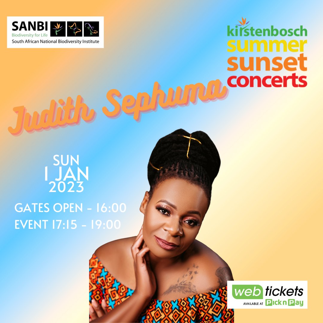 KirstenboschNBG's tweet photo. See #JudithSephuma on ๐ญ ๐๐ฎ๐ป๐๐ฎ๐ฟ๐ ๐ฎ๐ฌ๐ฎ๐ฏ at Kirstenbosch Summer Sunset Concerts.
Donโt wait! We still have tickets available to see the Queen of Afro-jazz, get yours now! ๐.
Tickets are ONLY available via Webtickets. Book now: https://t.co/uQcepydHyc.
#KBRocks https://t.co/zrIYLZkFKs