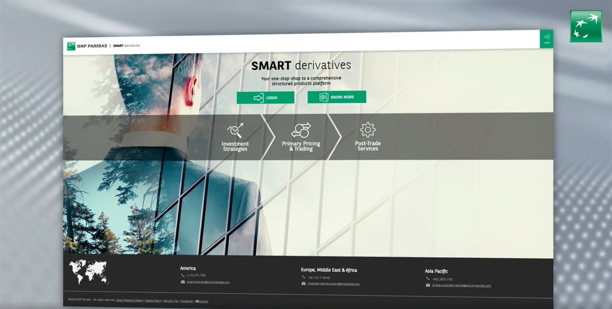 BNPParibasCIB's tweet photo. Our Smart Derivatives platform is made for clients to design, price and trade #products easily in one-click and in one place created by @BNPParibas Global Markets.

📺 To learn more about Smart Derivatives, watch our video on our page: https://t.co/Pt3FOvdtsG

#BNPPGM https://t.co/WRv4W0ukmc