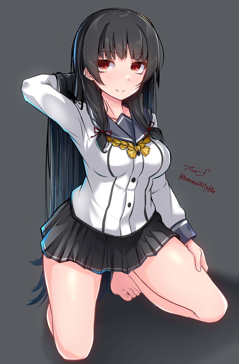 isokaze (kancolle) 1girl black hair solo long hair skirt school uniform red eyes  illustration images