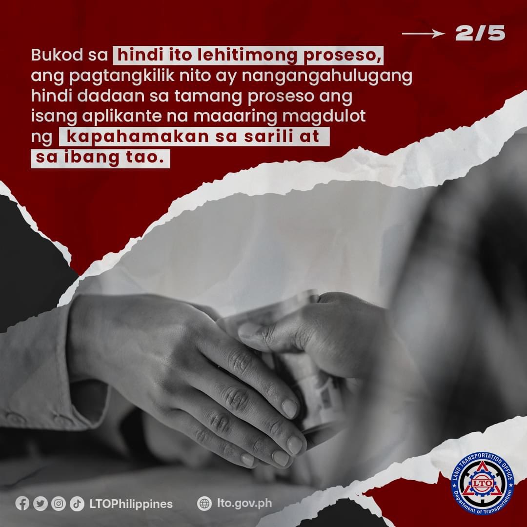 LTOPhilippines's tweet photo. NO TO FIXERS!

Laging piliin na dumaan sa lehitimong proseso. Ang pagsagawa o pagtangkilik ng ilegal na gawain ay may katapat na parusa at maaaring magdulot ng kapahamakan sa iba. 

#NoToFixers
#LTOPH
#LTOPhilippines
#DOTrLTO
#WorkingLTO https://t.co/zbvnCRVb6W