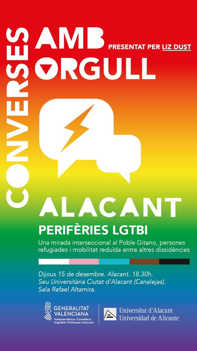 GVAIgualtat's tweet photo. 📢📢 Recorda que aquests vesprada tens una cita a Alacant a les #ConversesAmbOrgull
T'esperem per a donar visibilitat a les persones #LGTBIQ gitanes, refugiades i amb mobilitat reduïda🏳️🌈
👥Amb #LizDust
🕖 18.30 hores
📍 @SedeAlicante_UA
No t'ho perdes!👍 https://t.co/IdiG7ue4Vc