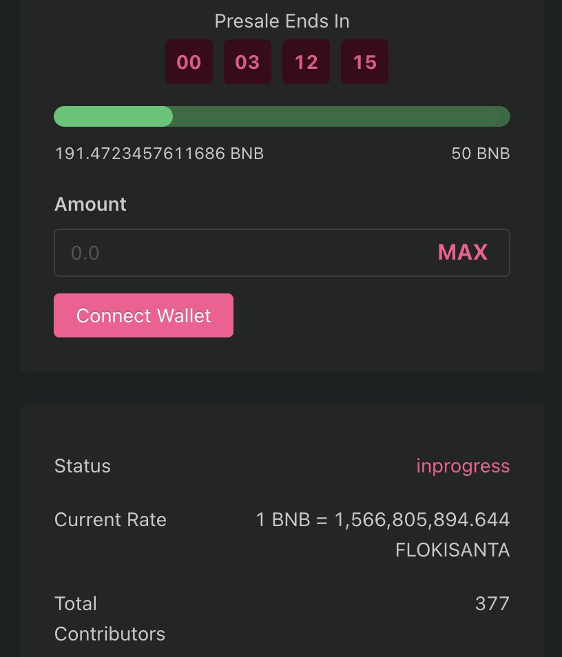 🚨🚨🚨
Floki Santa Presale will end today at 13:00UTC.
pinksale.finance/launchpad/0x55…

Don't miss this 1000x hidden gem.

#pinksale #FLOKISANTA #ELONMUSK