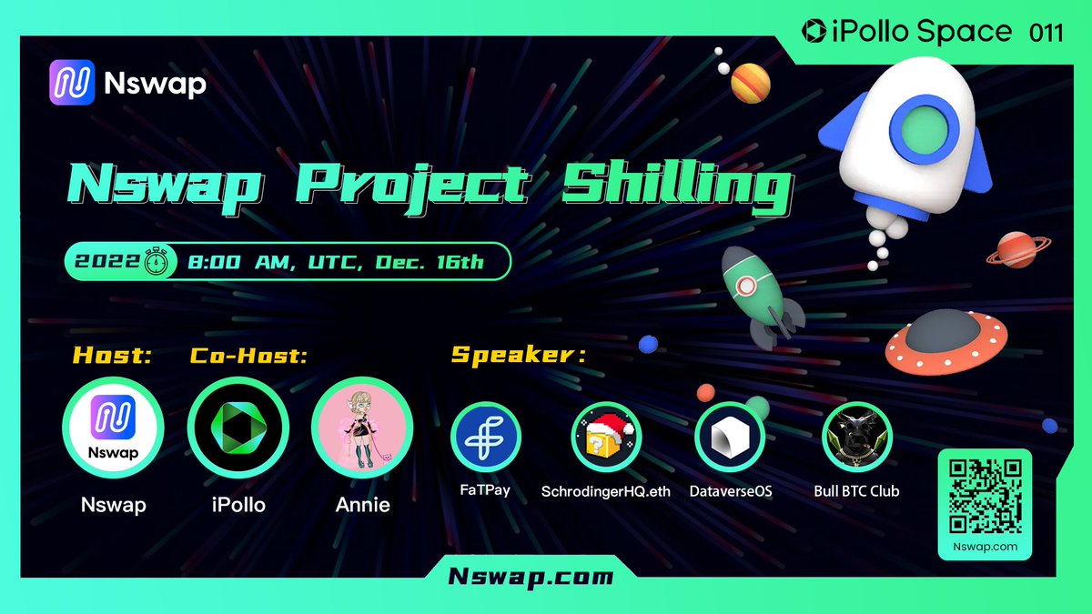 Nswapcom's tweet photo. iPollo Space 011
🐦Join our Twitter Space
🧾Topic: Nswap Project Shilling
⏲️Time: 8 AM, UTC, Dec 16th
🎙️Host: @Nswapcom Co-host: @iPolloverse @Diamond2Annie
📢Speaker: @realFatPay @SchrodingerHQ @DataverseOS @BULLBTCCLUBNFT
https://t.co/49KNZ9R8ai…
#nswap #iPollospace https://t.co/0rQFtKgBB7