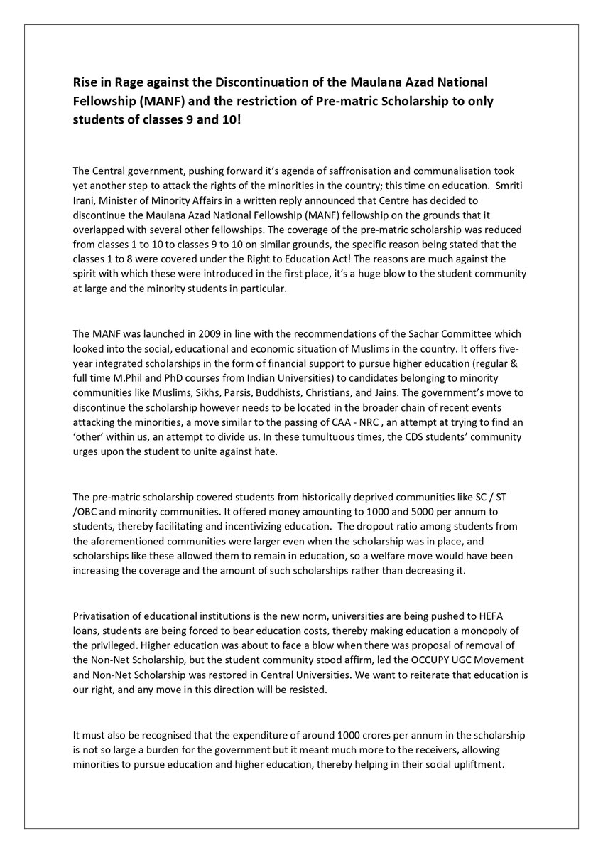 cds_students's tweet photo. CDS Student Community's Statement on the discontinuation of MANF fellowship and limitation of the Pre-matric Scholarship! https://t.co/5uXIF4vd1c