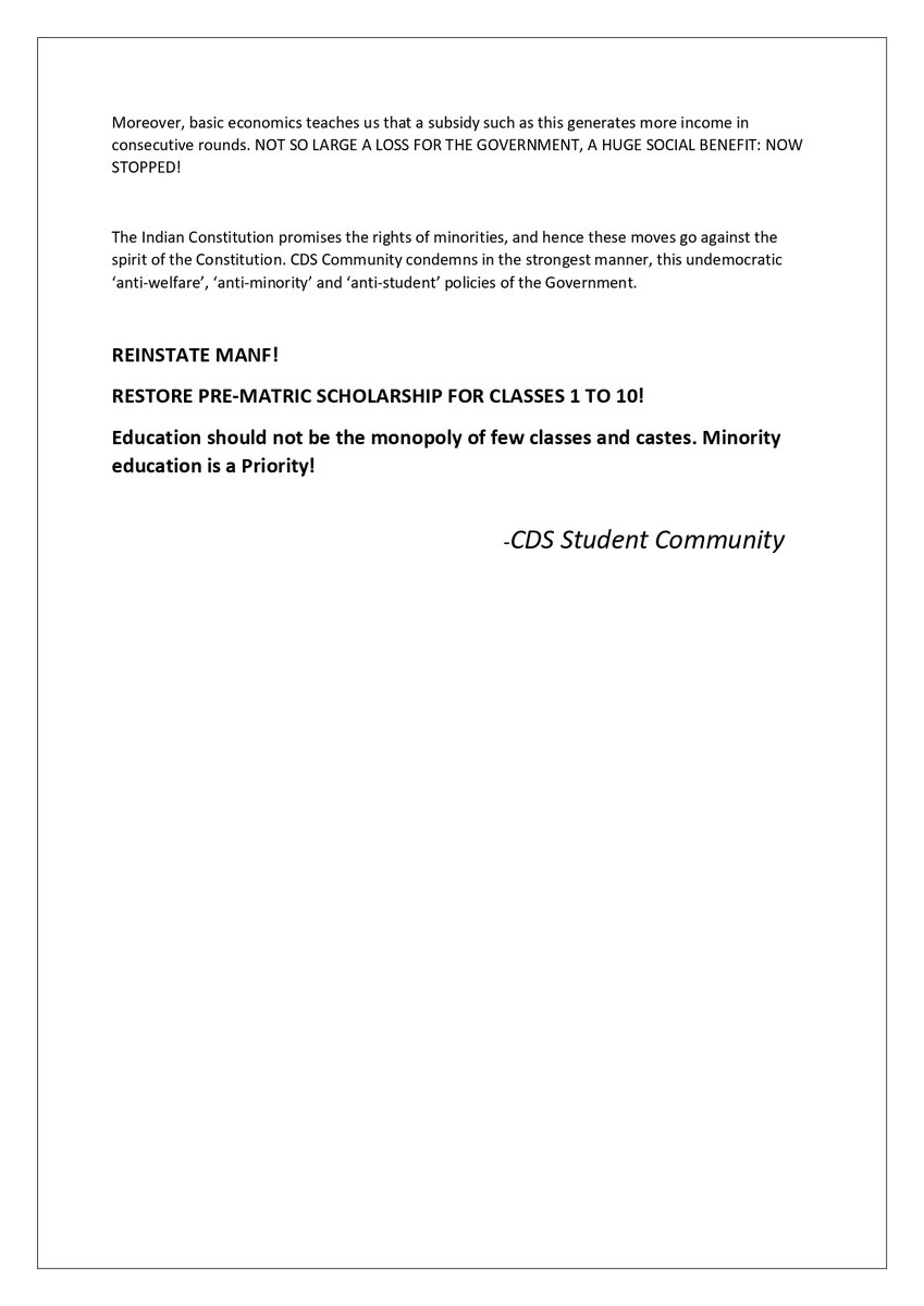 cds_students's tweet photo. CDS Student Community's Statement on the discontinuation of MANF fellowship and limitation of the Pre-matric Scholarship! https://t.co/5uXIF4vd1c