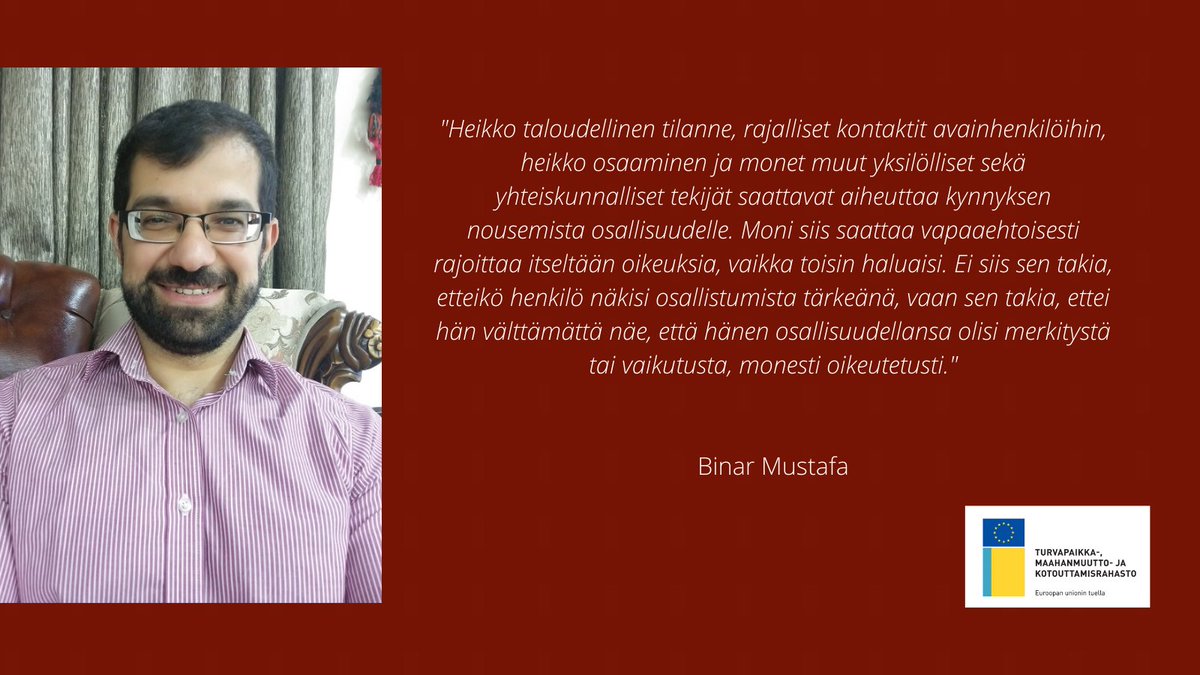 Tällä viikolla #KuuleekoKukaan-kampanjan teksti tulee Binarilta💛

Miltä vaalit ja vaikuttamismahdollisuudet näyttäytyvät pakolaistaustaisille? <a href="/BinarMustafa/">Binar Mustafa</a> avaa ajatuksiaan demokratiasta ja osallisuudesta.

Lue teksti kokonaisuudessaan blogistamme kuuleekokukaan.fi💫