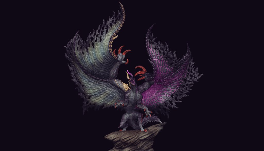 【 渾沌に呻くゴア・マガラ 】
〜制作過程〜　#ZBrush

1.ZSphereで素体づくり
2.素体の造形
3.ポージング・翼膜の制作
4.仕上げ・ポリペイントをして完成

ゴアじゃないけど、来週のどこかでZBrushを使ったドラゴンの作り方を解説する動画を公開するかも…!!!!