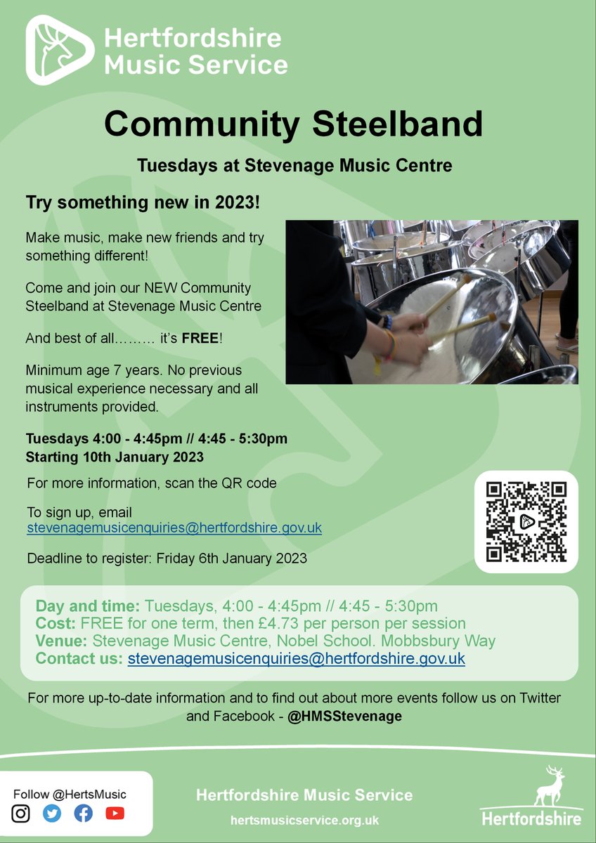 Try something new in 2023! Come and join our Community Steelband! Open to everyone aged 7+ @hertsmusic @HMSNorthHerts <a href="/HMSRoyston/">Royston Music School</a> @HMSBaldock