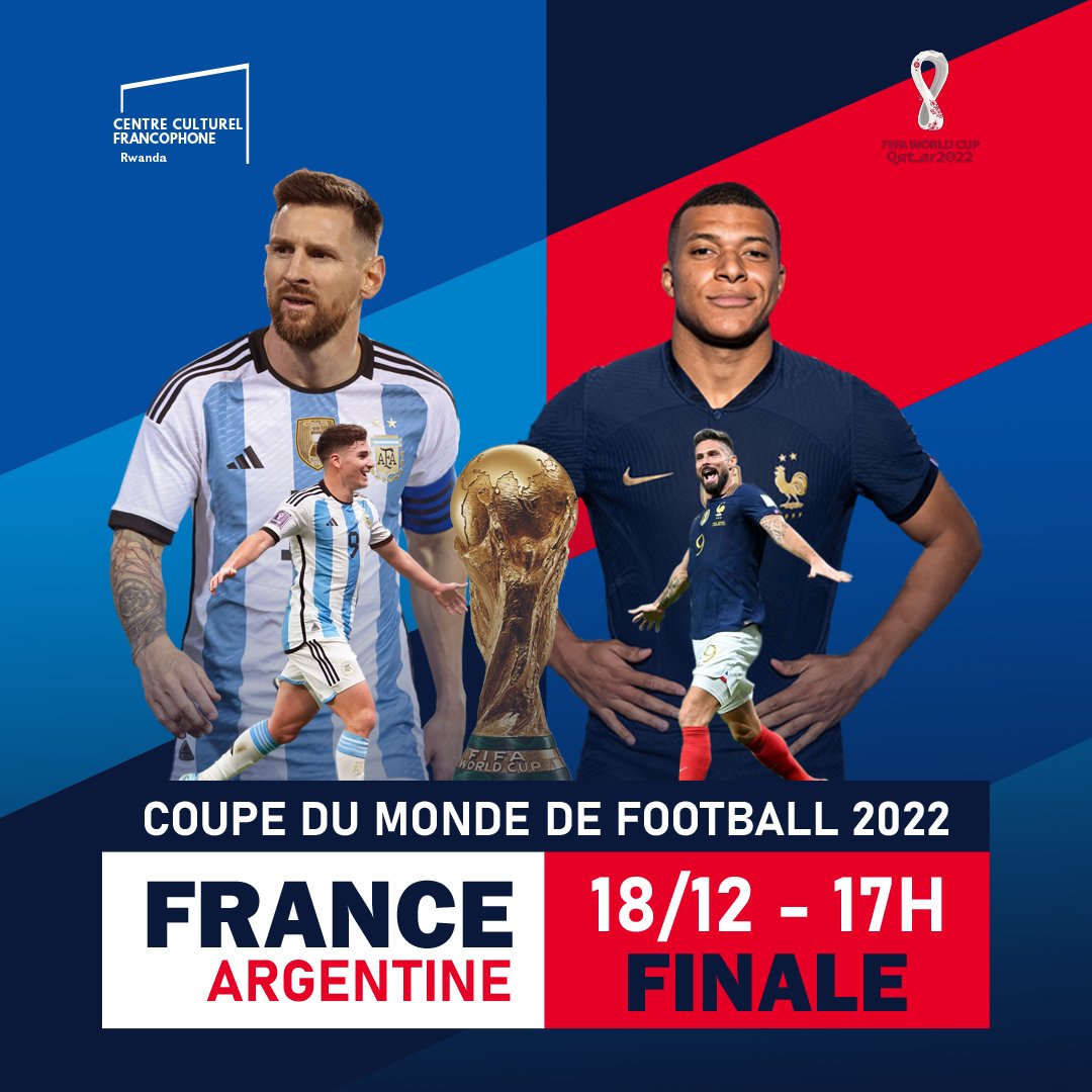 La #France est en #FINALE 🏆 de la #CoupeDuMondeDeFootball2022 contre l' #Argentine 🇦🇷  

⚽ Qui remportera la coupe du monde cette année? Venez supporter #lesbleus 💙

🗓️ Dimanche 18 décembre
🕓 17h
💶 #Gratuit
📍 <a href="/IF_Rwanda/">Institut Français du Rwanda</a> 

#football #foot #soccer #sport #sports