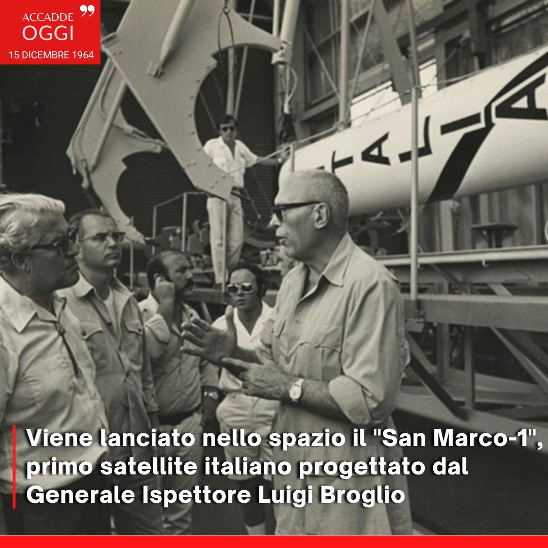 ItalianAirForce's tweet photo. #AccaddeOggi ⌛️
15 dicembre 1964, Wallops Island, Virginia (USA)

58 anni fa veniva lanciato in orbita il primo satellite italiano, il "San Marco-1".
Promotore e ideatore del progetto fu il Generale Ispettore del Genio Aeronautico Luigi Broglio.

Verso #AeronauticaMilitare100 https://t.co/pLcT809DxZ