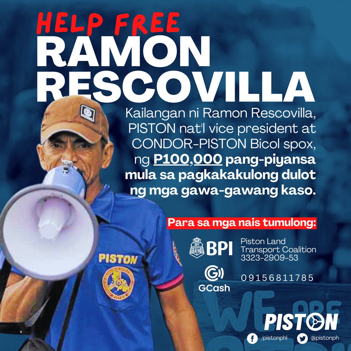 pistonph's tweet photo. BREAKING: Inaprubahan ang Motion to Reduce Bail ni PISTON nat'l vice pres at CONDOR-PISTON Bicol spox Ramon Rescovilla. P100k na lang ang kailangan niya para pansamantalang makalaya.

Inaresto at tinortyur siya ng PNP noong Sept. 2020 sa Albay dahil sa mga gawa-gawang kaso.⤵️ https://t.co/YekJdJDHPx