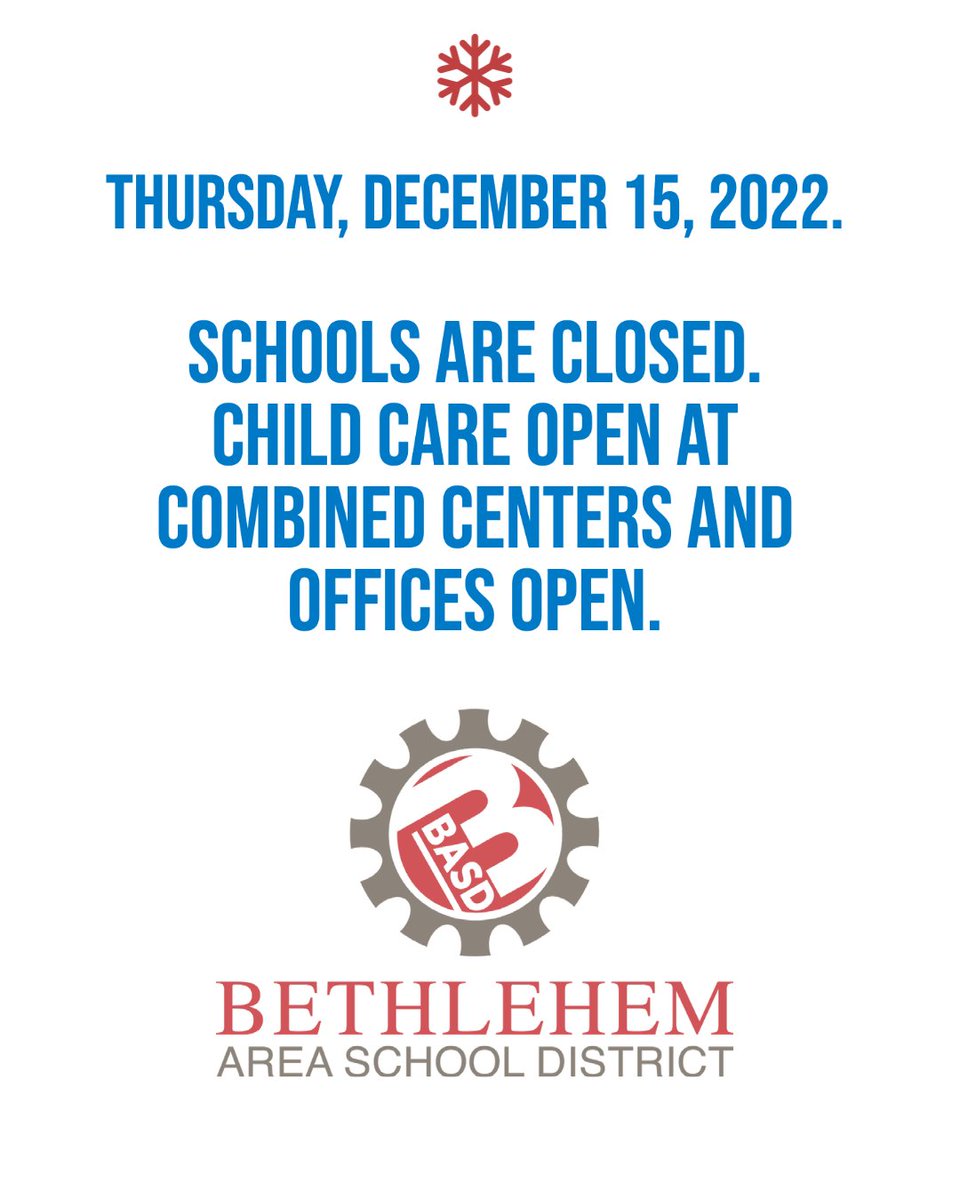 Thursday, December 15, 2022.

Schools are closed.  Child care open at combined centers and offices open.

basdschools.org