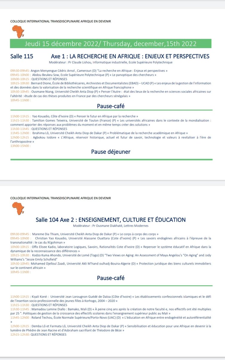 Ndione Albert Gautier (@gautierndione) on Twitter photo Colloque international AFRIQUE EN DEVENIR... programme de la mâtiné du Jeudi 15 décembre 2022. <a href="/afriquedevenir/">Afrique en devenir</a> <a href="/UCAD_Senegal/">Université Cheikh Anta Diop de Dakar</a> <a href="/AUF_AfriqueO/">AUF - Afrique de l'Ouest</a> Colloque international AFRIQUE EN DEVENIR... programme de la mâtiné du Jeudi 15 décembre 2022. <a href="/afriquedevenir/">Afrique en devenir</a> <a href="/UCAD_Senegal/">Université Cheikh Anta Diop de Dakar</a> <a href="/AUF_AfriqueO/">AUF - Afrique de l'Ouest</a>