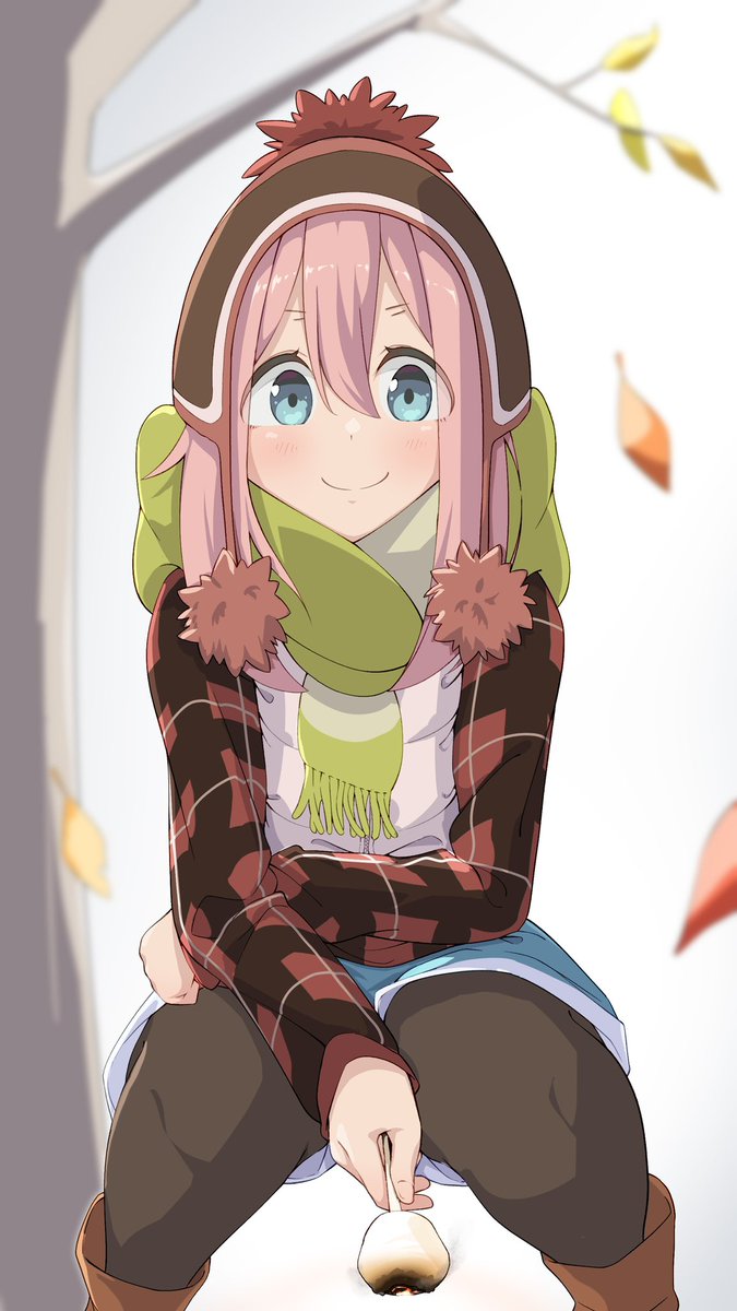 kagamihara nadeshiko 1girl solo pink hair scarf pantyhose hat green scarf  illustration images