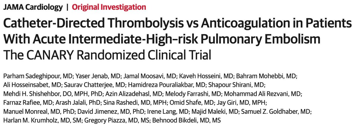 This prematurely terminated CANARY Trial of patients with intermediate-high–risk PE was hypothesis-generating for improvement in some efficacy outcomes and acceptable rate of major bleeding for catheter-directed lysis compared with anticoagulation 

Here: jamanetwork.com/journals/jamac…