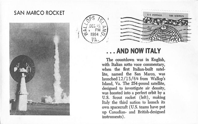 LKosmonautika's tweet photo. Il 15/12/1964, dal poligono di Wallops Island, un #lanciatore #Scout #statunitense posizionava in orbita il primo #satellite artificiale #Italiano: #SanMarco-1.
Luigi #Broglio, così, fece diventare l'#Italia la terza #nazione a costruire e progettare un satellite artificiale. https://t.co/kr1RY56rYp