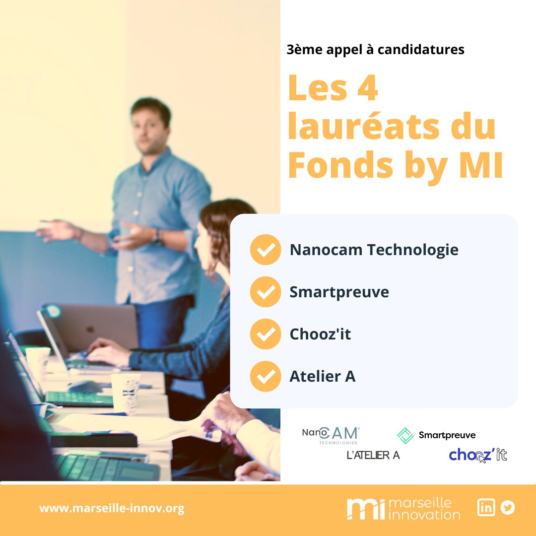 🟡𝗟𝗲 𝗳𝗼𝗻𝗱𝘀 𝗯𝘆 𝗠𝗜 - La semaine dernière se déroulait le comité d'évaluation du 3ème appel à candidatures du Fonds by MI .

👏Félicitation à nos 4 derniers lauréats 2022 et rdv début 2023 pour un nouvel appel à candidatures ! 

🌐marseille-innov.org/financement/