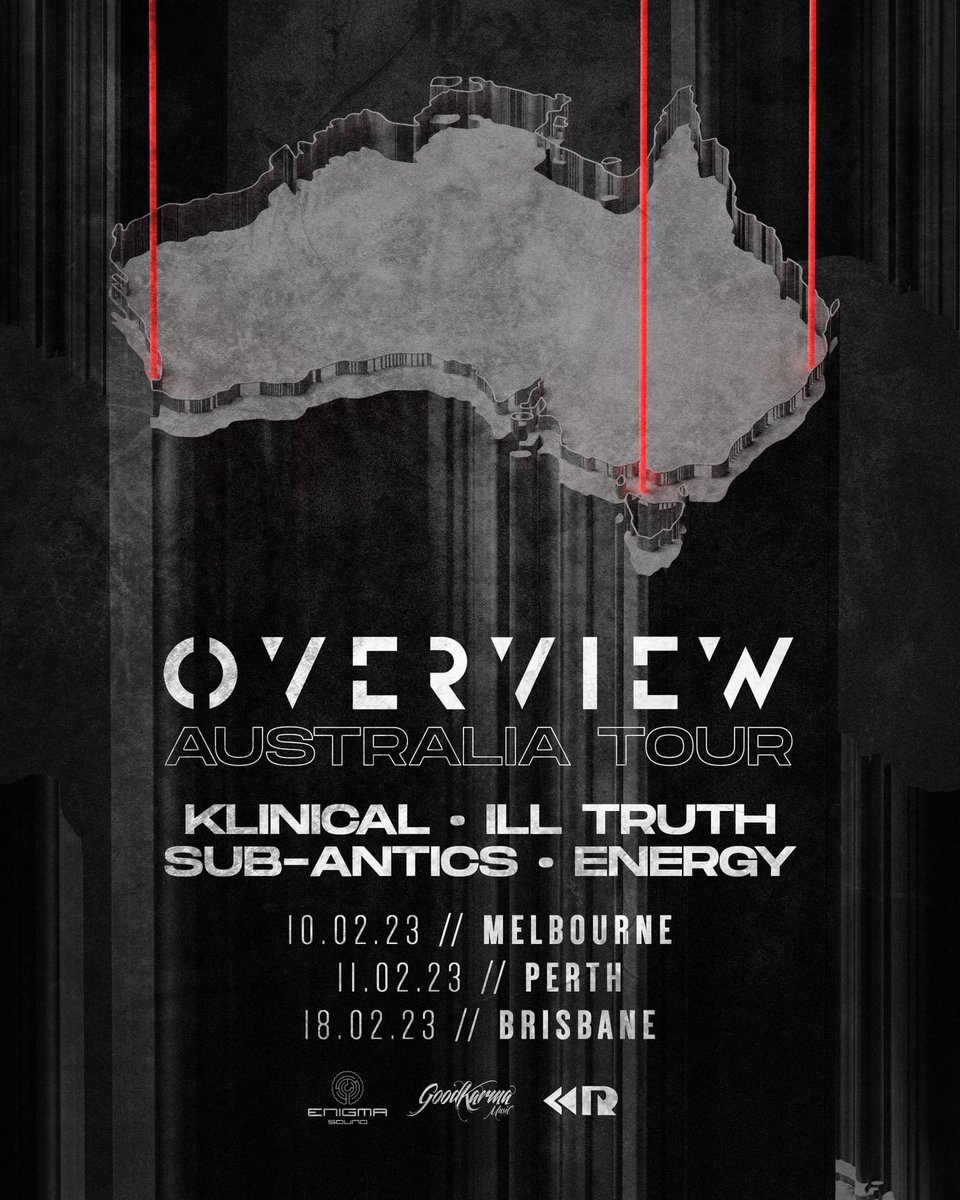 Announcing the Australia leg of the Overview Tour down under 🇦🇺

We will be in Melbourne, Perth and Brisbane this February bringing you the finest edgy techy DnB from <a href="/danklinical/">Klinical</a> &amp; <a href="/Revan_IllTruth/">Revan_IllTruth</a> as well as the label bosses sub-antics &amp; Energy...

Sure to be heaps good…